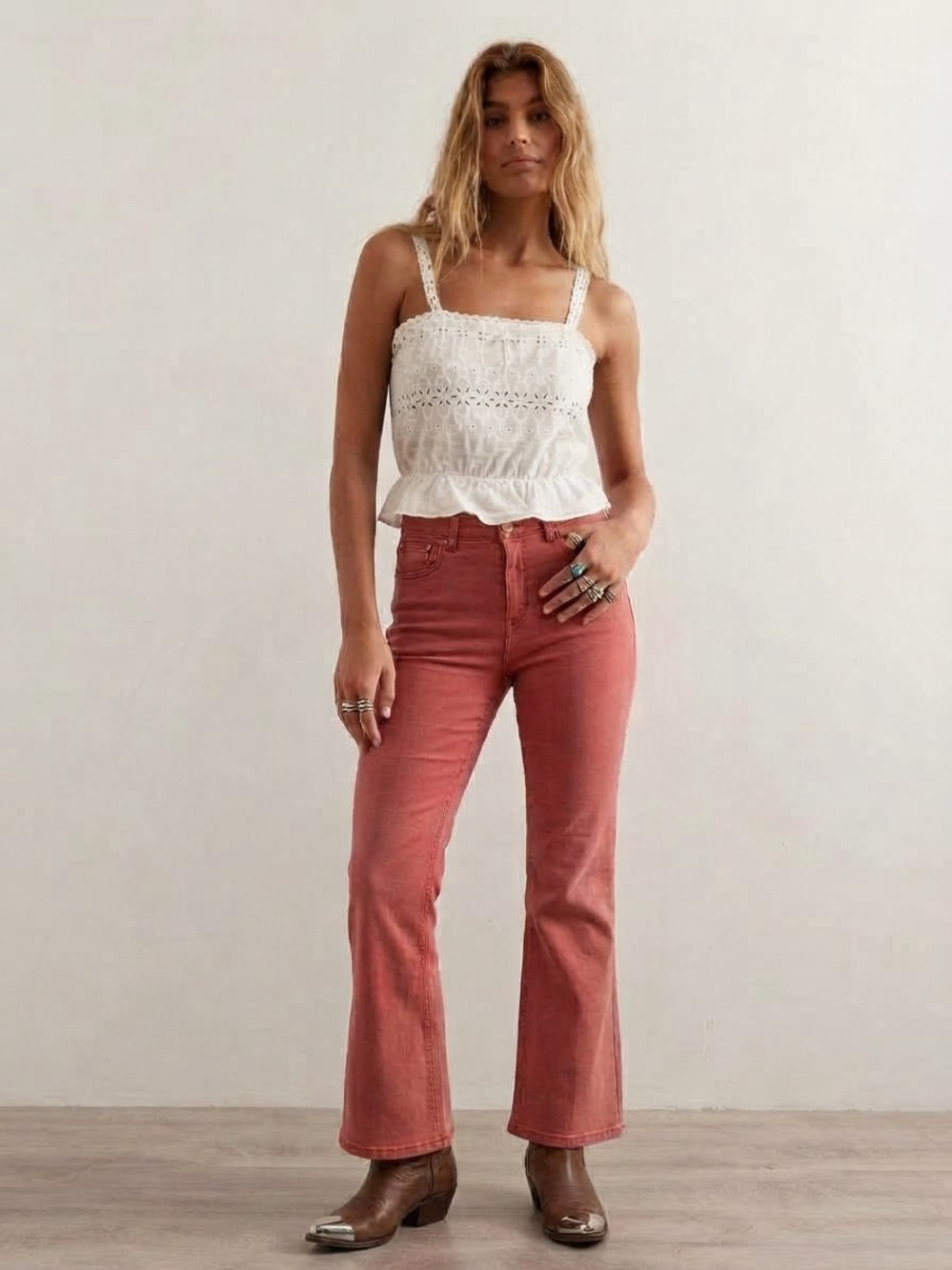 Free People Coral Red Flare Pants Sz 31 High Rise Bell Bottom Stretch Clay Rose